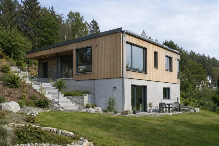 KI-Darstellung: Hanghaus mit versetzten Ebenen