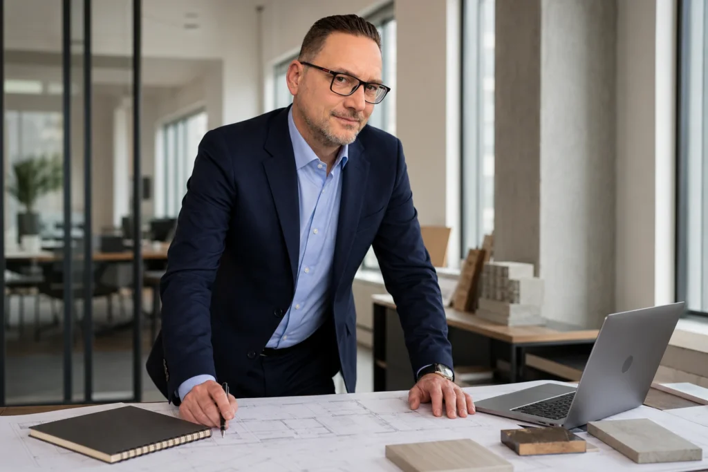 KI-Darstellung: Hans-Martin Küfner bei der Planung im Büro