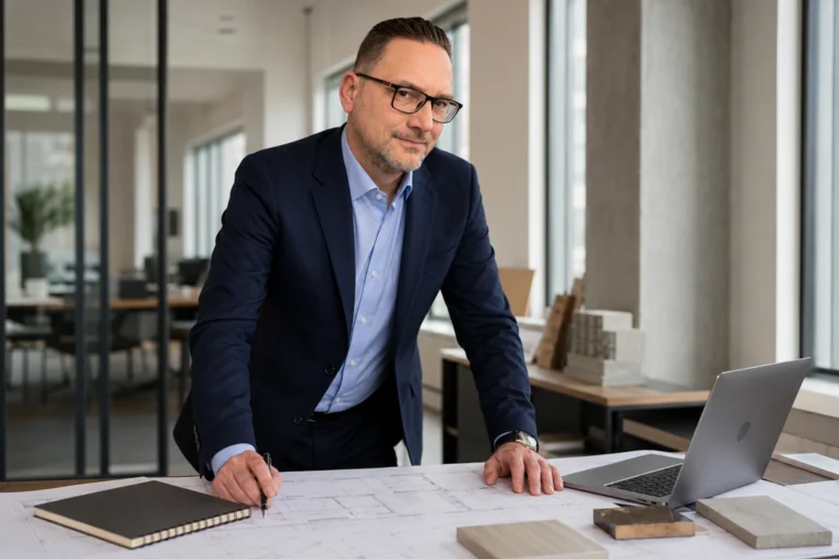 KI-Darstellung: Hans-Martin Küfner bei der Planung im Büro