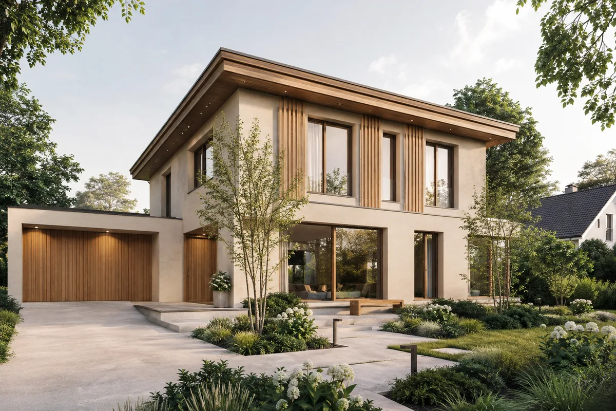 Architekturvisualisierung eines Wohnhauses mit mineralischen und hölzernen Fassadenelementen