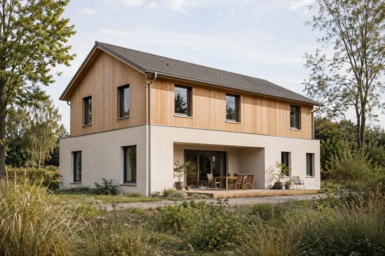 KI-Darstellung: Massiv-Holz-Hybridhaus