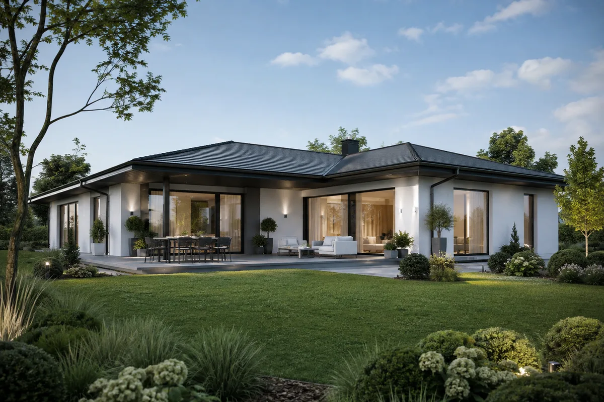 Architekturvisualisierung eines eingeschossigen Massivhauses mit Terrasse