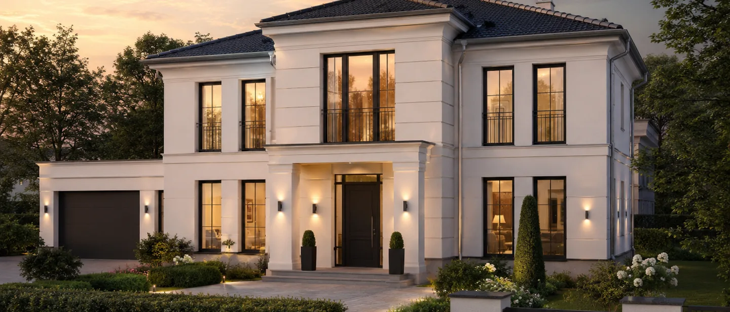 Architekturvisualisierung eines hellen Wohnhauses in der Abenddämmerung