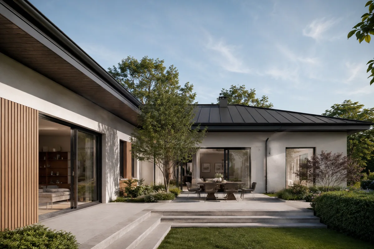 Architekturvisualisierung eines Wohnhauses mit Holzfassade und Terrasse