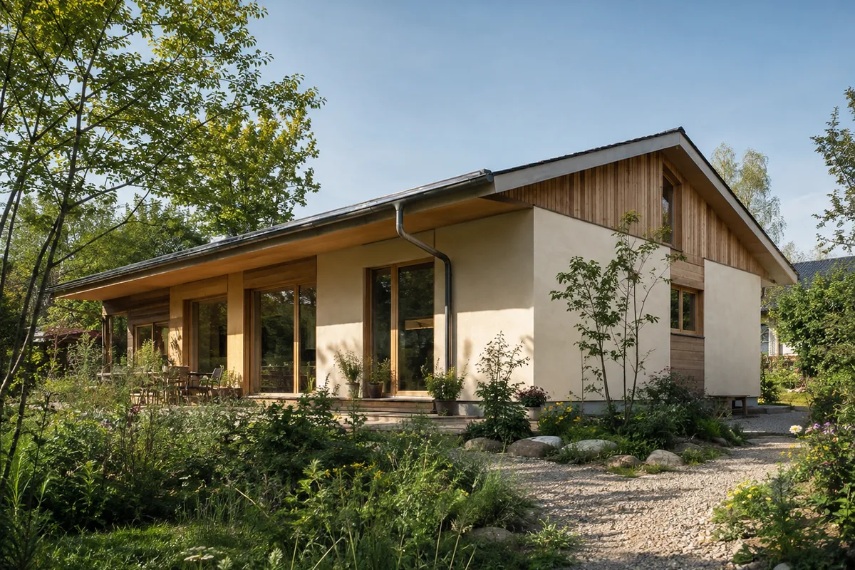 Architekturvisualisierung eines Wohnhauses mit Holzdetails und naturnahem Garten