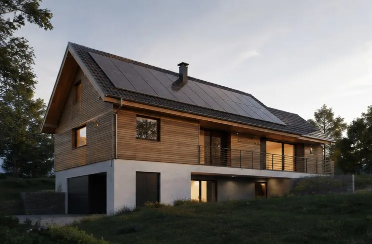 Räumliche Darstellung eines Wohnhausentwurfs mit Holzfassade und Solarmodulen