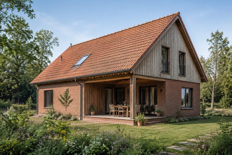 Ziegeldachhaus mit Holzfassade Haus mit rotem Ziegeldach und Holzfassade