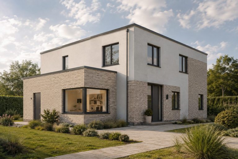 Kubus mit Naturstein Kubisches Haus mit Natursteinfassade