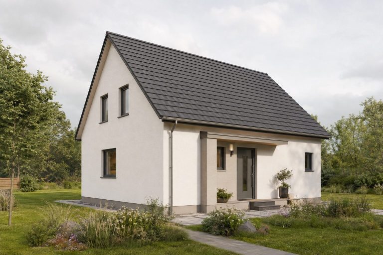 Weißes Giebelhaus Weißes Giebelhaus mit dunklem Dach