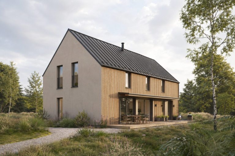 Giebelhaus mit Holzfassade Giebelhaus mit Holzfassade und dunklem Dach