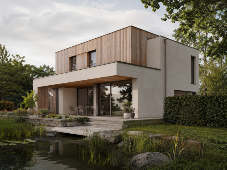 Würfelhaus mit Holzoberfläche Modernes Würfelhaus mit Holzoberfläche