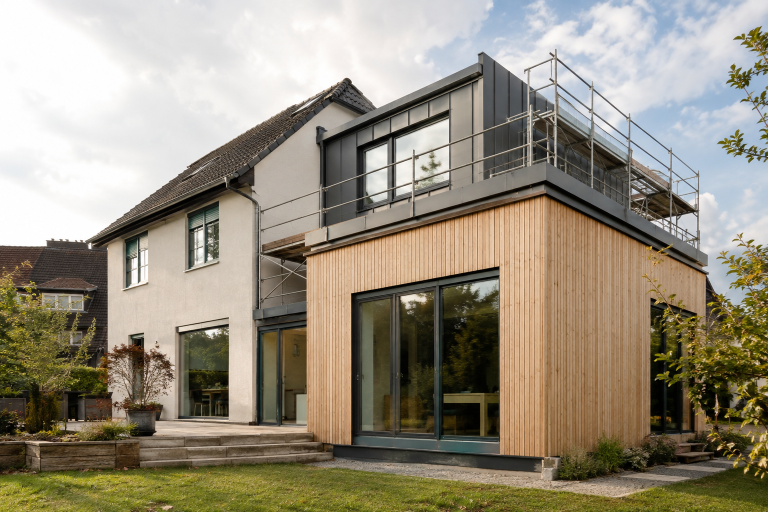 Kubisches Haus mit Holzakzent Kubisches Haus mit Holzfassade