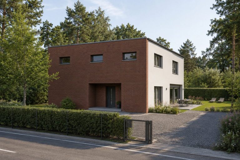 Ziegelhaus mit hellem Obergeschoss Kubisches Haus mit Ziegel- und Putzfassade