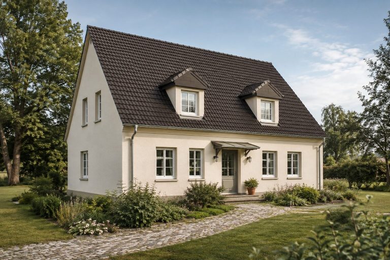 Giebelhaus mit Gauben Helles Haus mit zwei Dachgauben