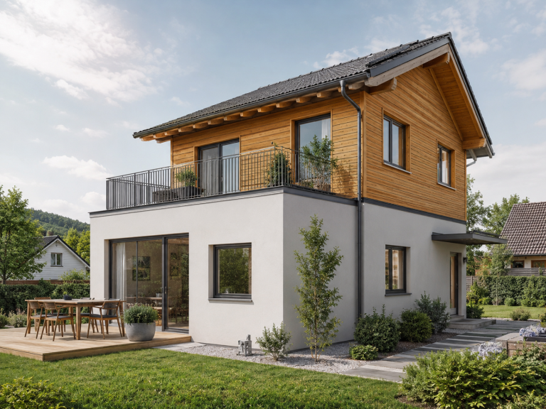 Zweigeschossiges Holz-Putz-Haus Zweigeschossiges Haus mit Holzfassade