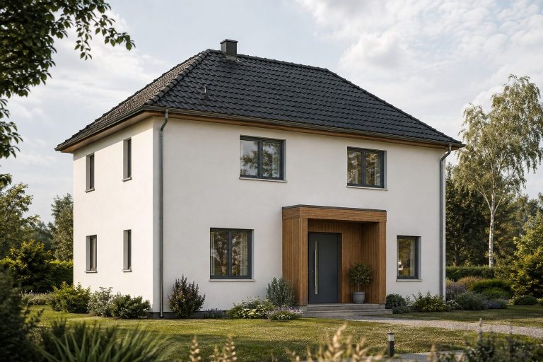 Haus mit Holzrahmen Helles Haus mit Holzrahmen Eingang