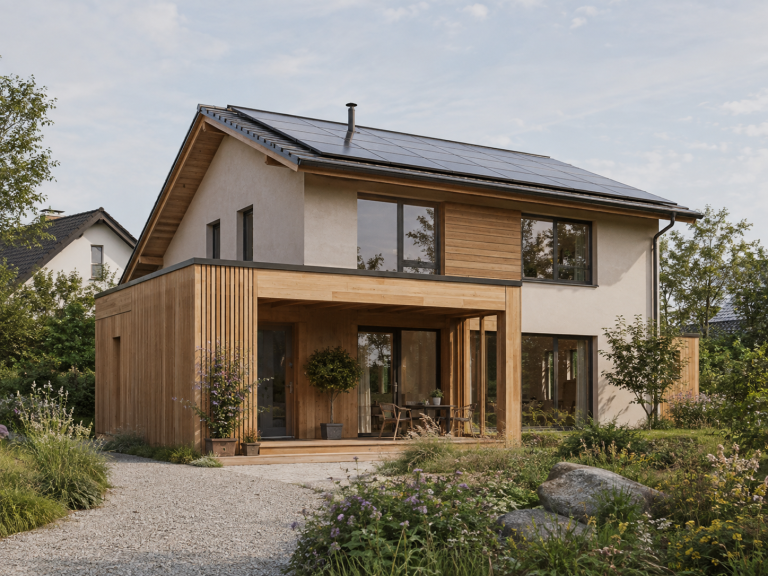 Giebelhaus mit Holzterrasse Einfamilienhaus mit Holzgiebel und Terrasse