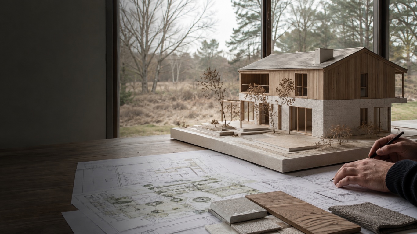 Konstruktionsplanung für Anbau und Umbau Architekturmodell eines Anbaus in Holzbauweise auf den Planunterlagen