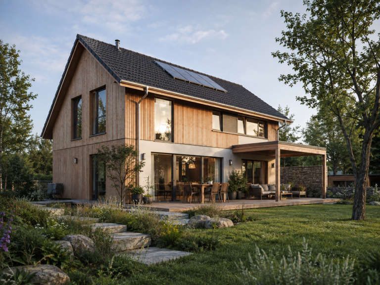 Holzhaus mit überdachter Veranda Holzhaus mit Satteldach und Veranda