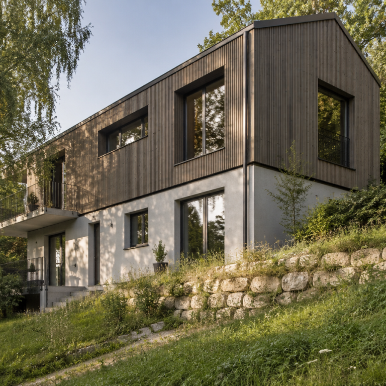 Individuell geplantes Einfamilienhaus mit mineralischem Erdgeschoss und Holzfassade auf einem Hanggrundstück