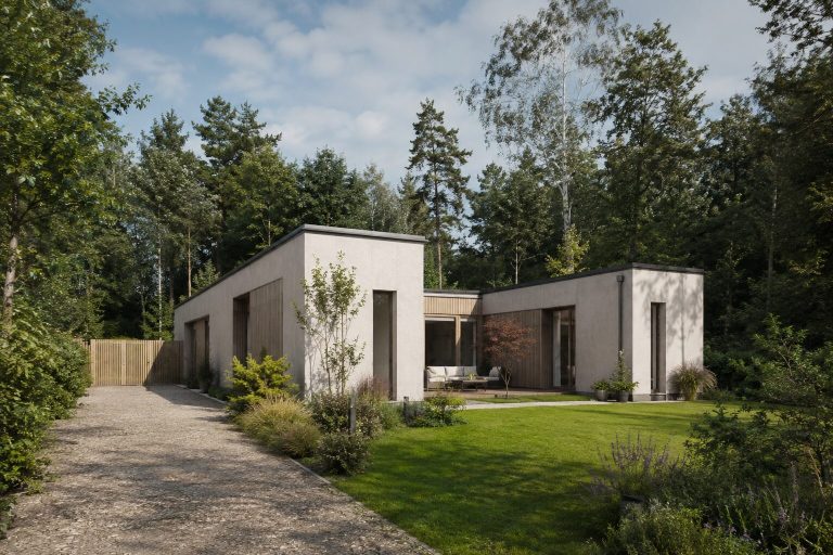 Flachdachhaus im Grünen Flaches Haus zwischen Bäumen