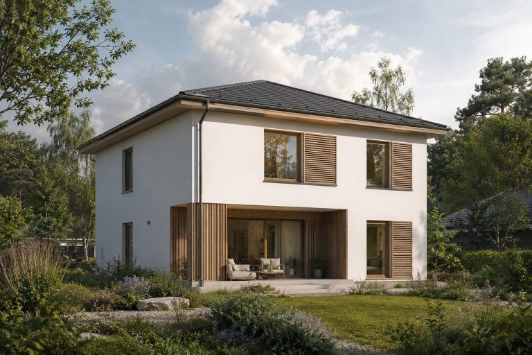 Haus mit Holzloggia Weißes Haus mit Holzloggia
