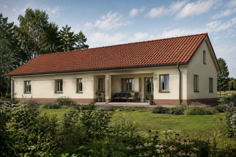 Bungalow mit Ziegeldach Eingeschossiges Haus mit rotem Dach