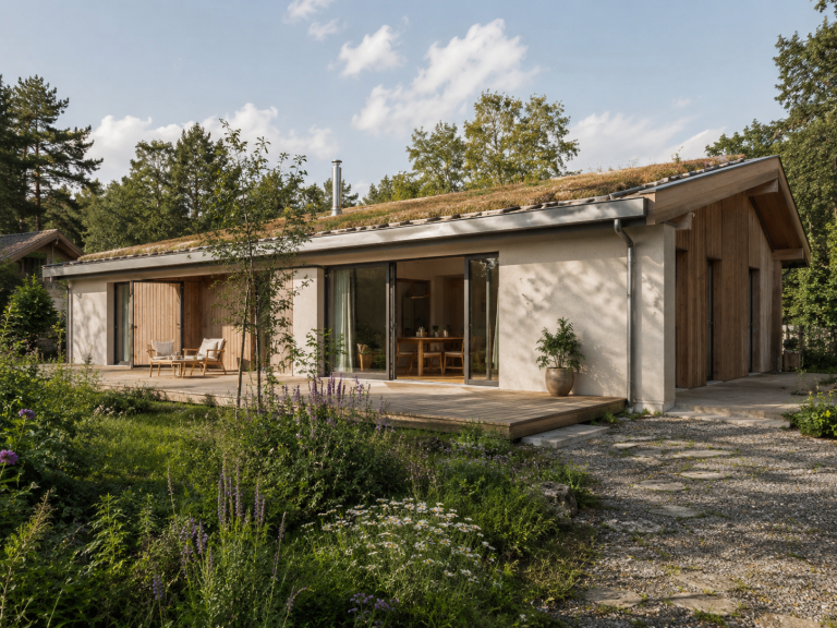 Holzbungalow mit Terrasse Flaches Holzhaus mit großer Terrasse