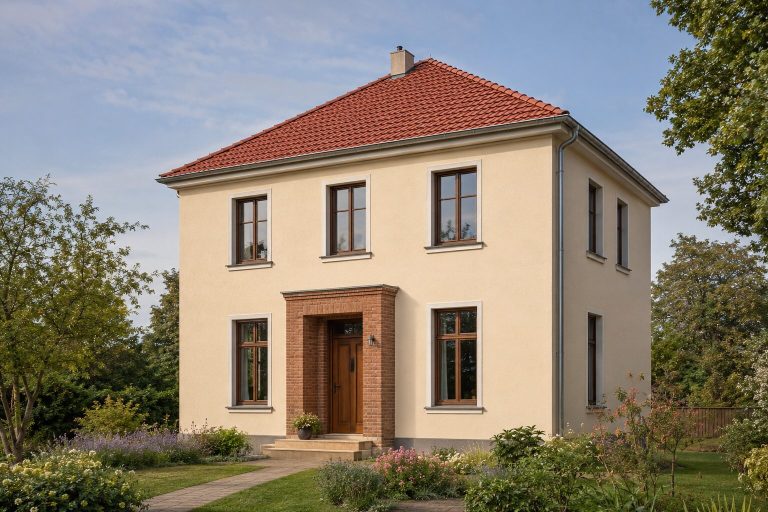 Ziegeldachhaus mit Holzportal Helles Haus mit rotem Ziegeldach