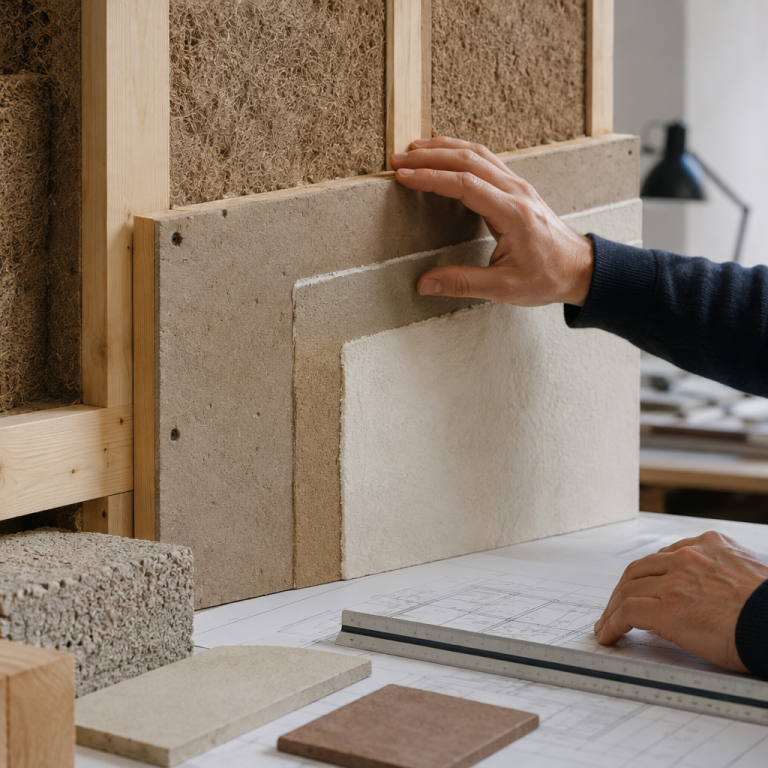 Planung eines Wandaufbaus aus Holz, Naturfaserdämmung, Bauplatten und Putzschichten