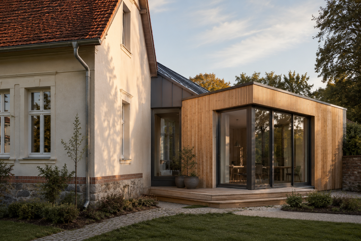 Planung mit ökologischen Baustoffen Moderner Anbau in Holzbauweise als Beispiel für eine ökologische Materialplanung