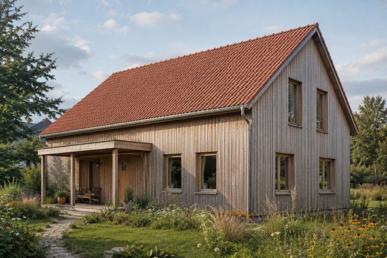 Holzhaus mit Ziegeldach Holzhaus mit rotem Ziegeldach