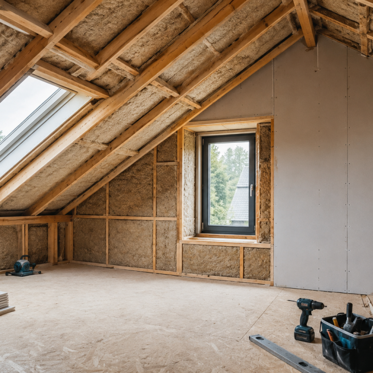 Dachgeschossausbau mit sichtbarer Holzkonstruktion, Naturfaserdämmung und neuen Dachfenstern