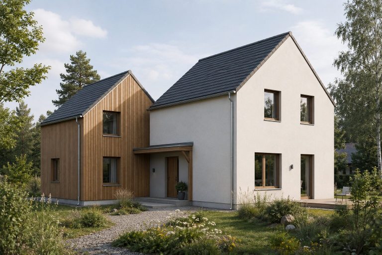Doppelgiebelhaus mit Holz Doppelgiebelhaus mit Holzverkleidung