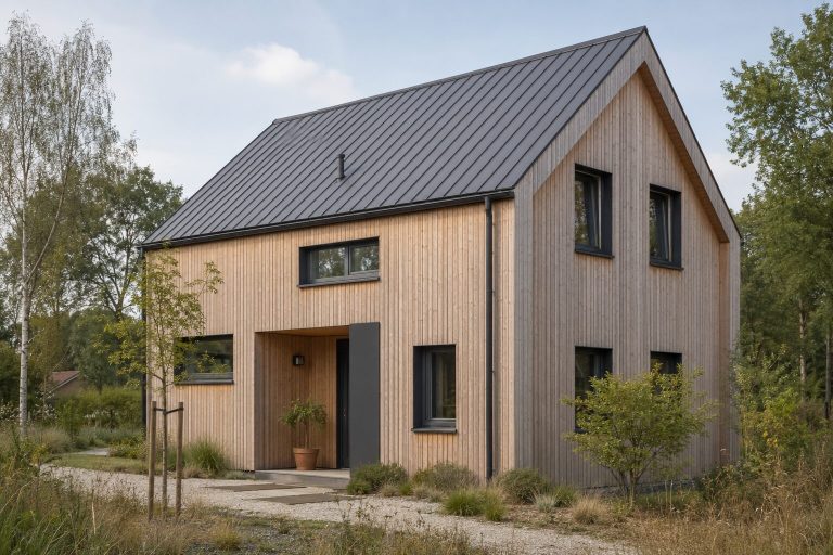 Schmales Holzgiebelhaus Schmales Holzhaus mit Satteldach