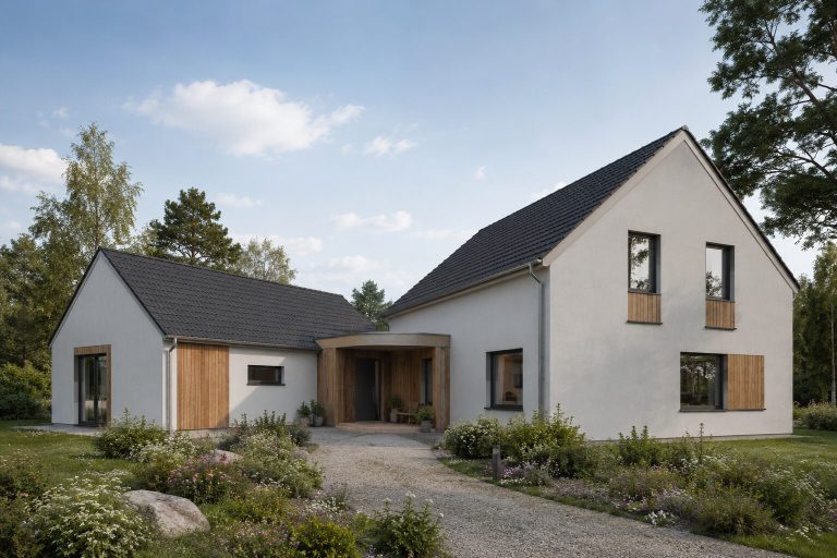 Haus mit seitlichem Anbau Weißes Haus mit seitlichem Anbau