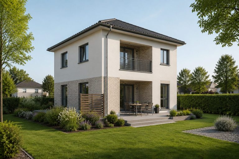 Haus mit Naturstein-Sockel Zweistöckiges Haus mit Naturstein-Sockel