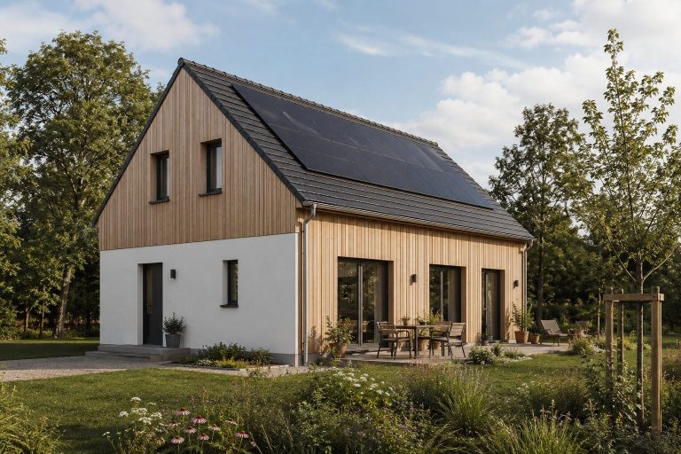 Giebelhaus mit Holzfassade Giebelhaus mit Holzfassade und Terrasse