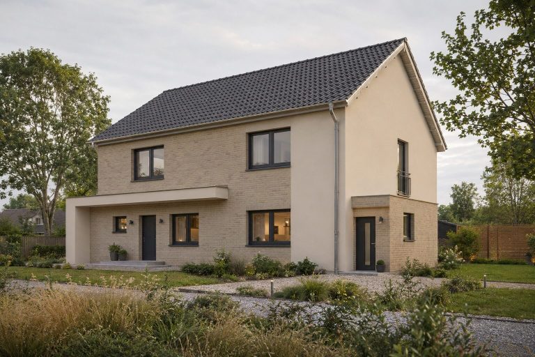 Beiges Haus mit Walmdach Beiges Haus mit dunklem Dach