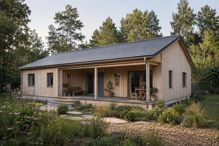 Holzbungalow mit Veranda Flaches Holzhaus mit geschützter Terrasse