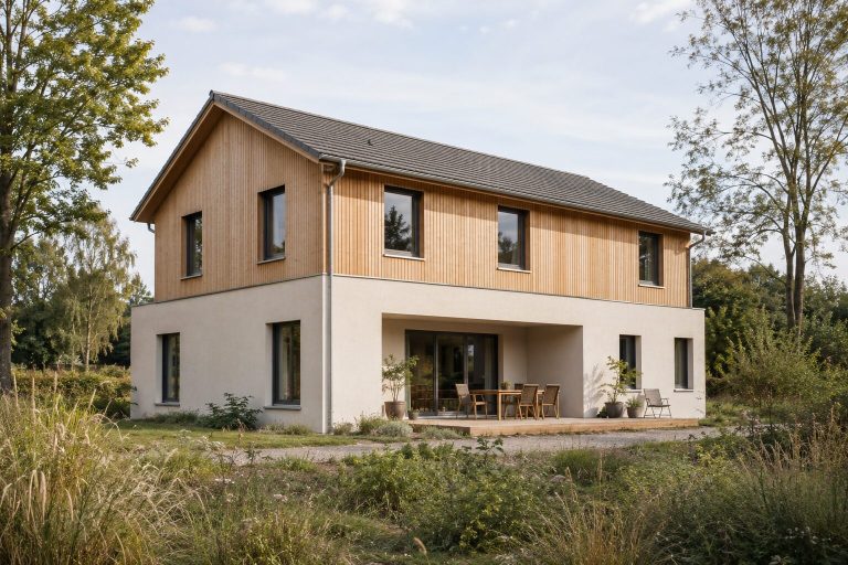 Haus mit Holzfassade Zweistöckiges Haus mit vertikaler Holzfassade