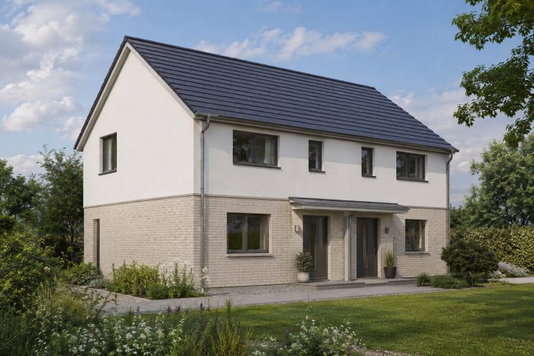 Zweistöckiges Haus mit Walmdach Zweigeschossiges Haus mit dunklem Dach