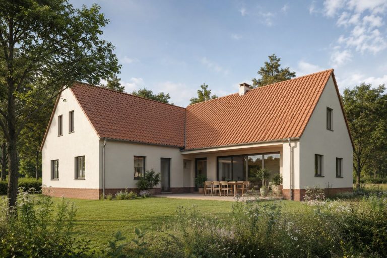Bungalow mit rotem Ziegeldach Bungalow mit rotem Dach und Terrasse