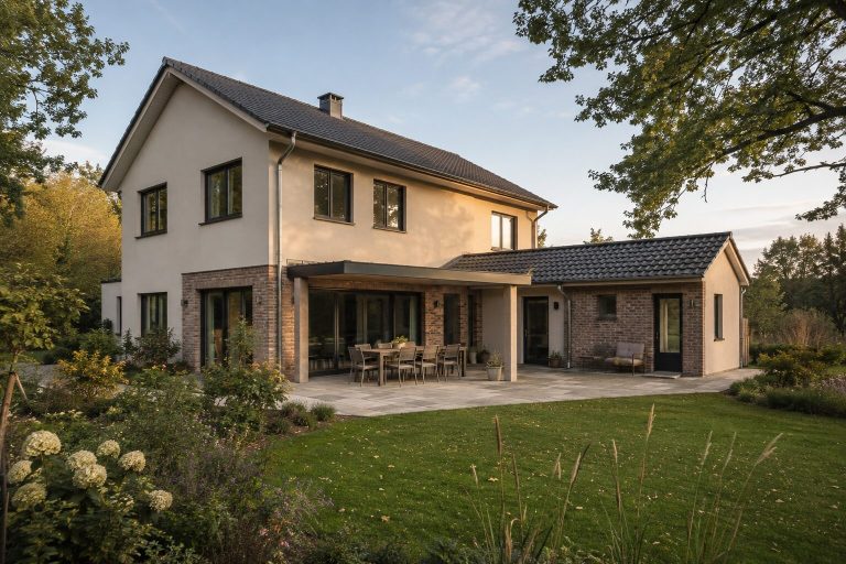Haus mit Holzterrasse Einfamilienhaus mit Holzterrasse und Balkon