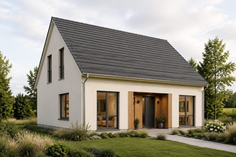 Giebelhaus mit Holzportal Helles Giebelhaus mit dunklem Dach und Holzportal