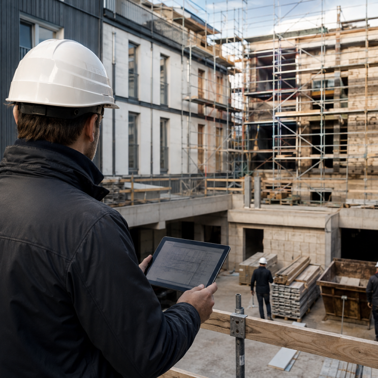 Baumanager koordiniert mit Tablet eine Baustelle im Neu- und Bestandsbau
