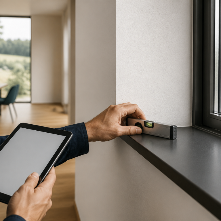 Technische Prüfung einer Fensterbank mit Wasserwaage und Tablet
