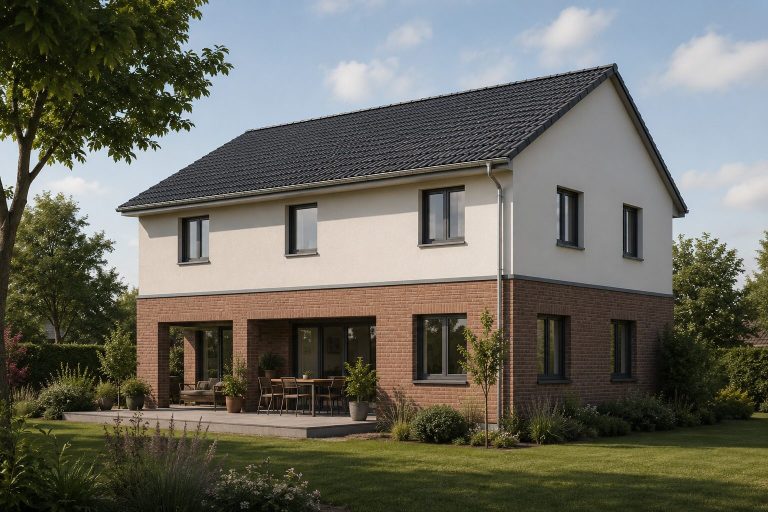 Haus mit Ziegelfassade Zweigeschossiges Haus mit dunklem Dach und Ziegelfassade