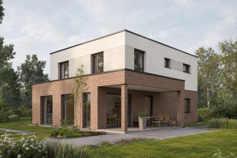 Flachdachhaus mit Ziegel Modernes Haus mit Ziegelfassade und Flachdach